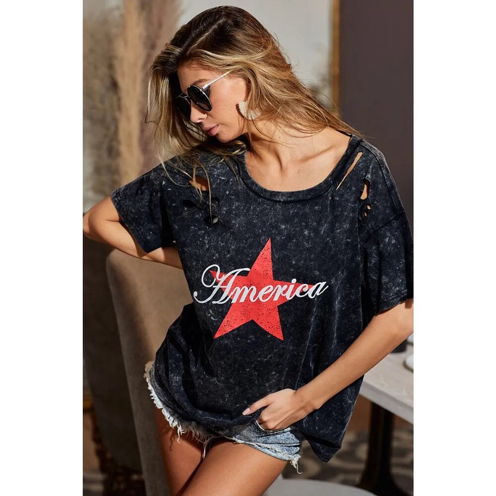 BiBi Laser Cut Mineral Washed American Print Short Sleeves Top | Black Charcoal - Picture 7 of 9